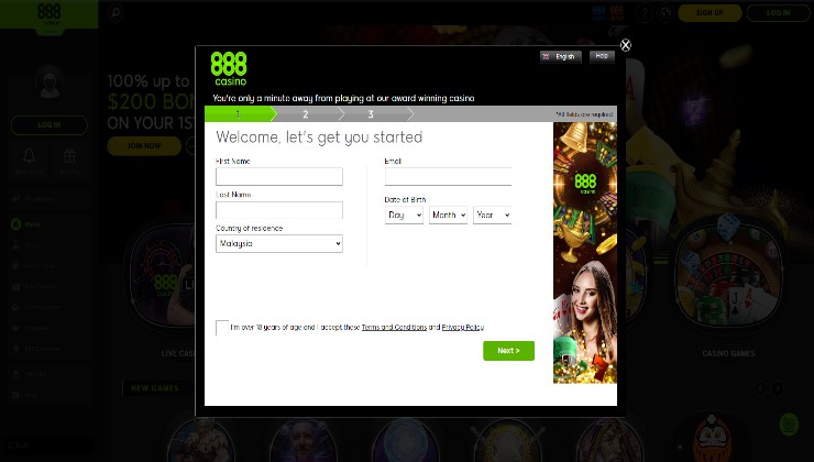 The homepage of the 888 casino malaysia